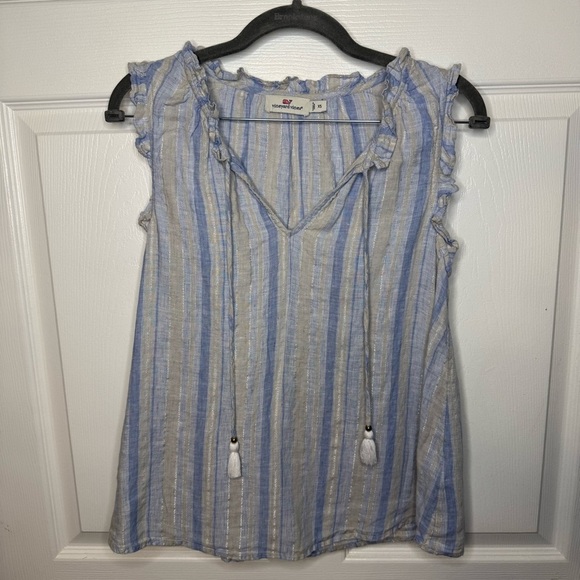 Vineyard Vines Women's Blue Gray Shimmer Striped Top 100% Linen Size XS GUC - Picture 1 of 5
